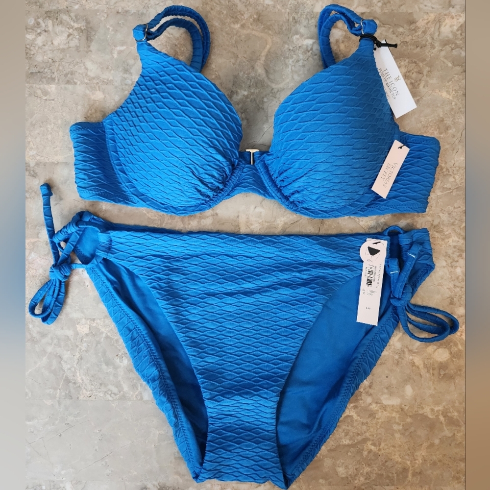 32DD/M VS Swim Icon PushUp Bikini Top Side Tie Bikini Set Blue